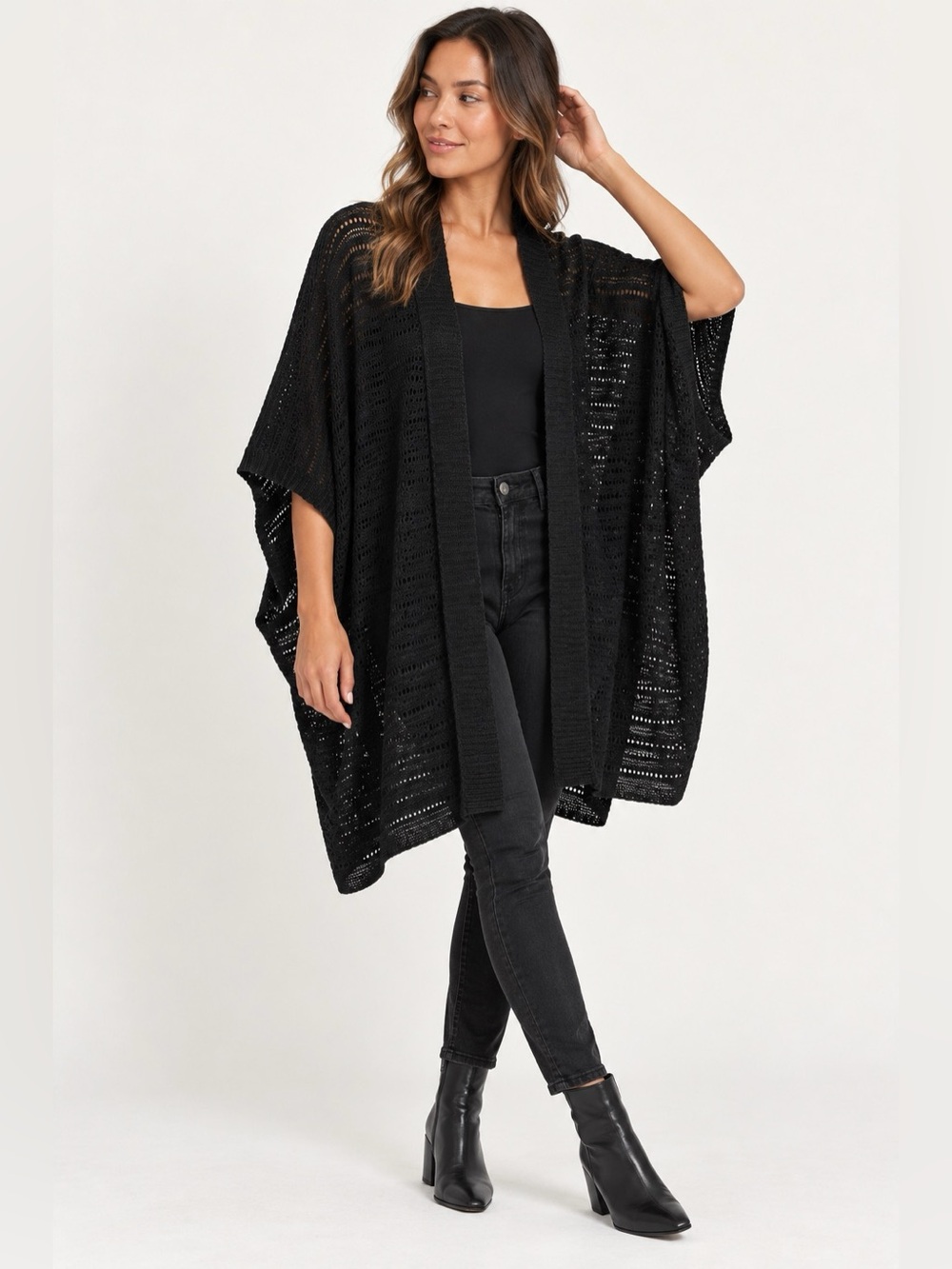 Lauren Ralph Lauren Open Knit Draped Kimono Cardigan Crochet Black Women L/XL